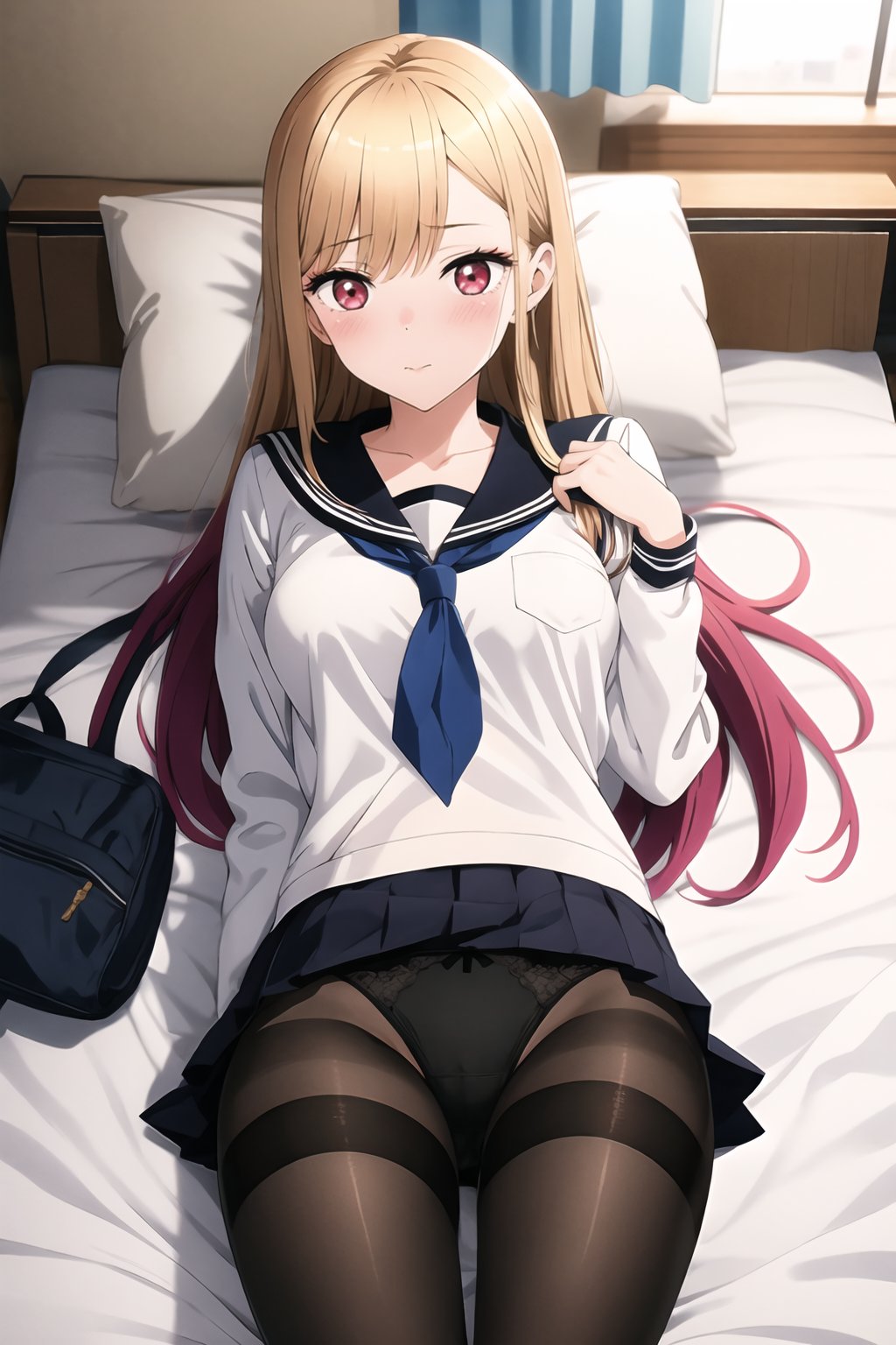 kitagawa marin, 1girl, solo, long hair, blonde hair, red eyes, multicolored hair, embarrassed, long sleeves, closed mouth, underwear, school uniform, panties, ass, pantyhose, sidelocks, thighs, pleated skirt, lying, indoors, black skirt, sailor collar, white panties, pillow, black pantyhose, black shirt, bed, bed sheet, from above, curtains, panties under pantyhose, thighband pantyhose, black sailor collar, black serafuku, brown pantyhose, crotch seam, bedroom, tissue, <lora:Sono Bisque Doll wa Koi wo Suru - Marin Kitagawa R5 Bonus:0.8>