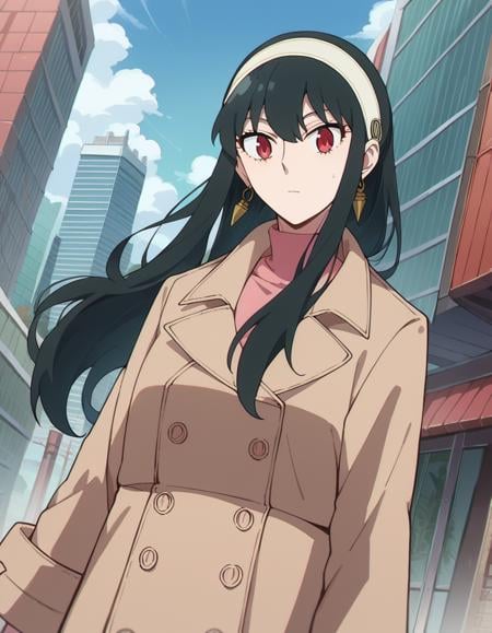 score_9, score_8_up, score_7_up, source_anime,yorbriar, <lora:yor-briar-s1-ponyxl-lora-nochekaiser:1>,yor briar, black hair, red eyes, earrings, white hairband, hairband, long hair, sidelocks,coat, trench coat,outdoors, cityscape,looking at viewer, dutch angle, cowboy shot,