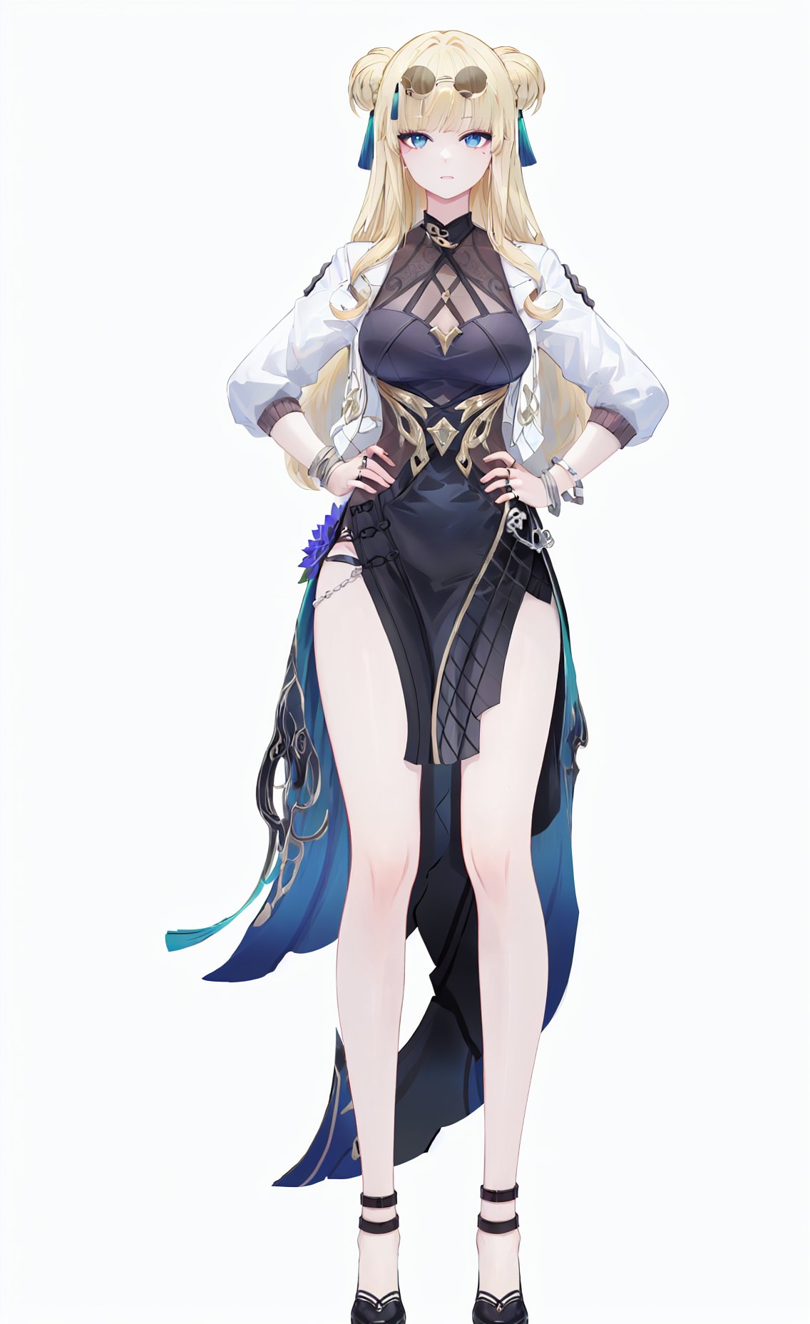 8k, best quality, masterpiece, (ultra-detailed), (high detailed skin), (white background:1.3), (full body:1.25), (white background), standing, looking at viewer, (solo), hands on hips, <lora:songque-v100:0.8>, songque, def clothes, youfang, 1girl, blonde hair, long hair, breasts, jewelry, double bun, blue eyes, ring, black skirt, high heels, white jacket, eyewear on head, sunglasses(beautiful_face), ((intricate_detail)), clear face, ((finely_detailed)), fine_fabric_emphasis, ((glossy)), full_shot, 