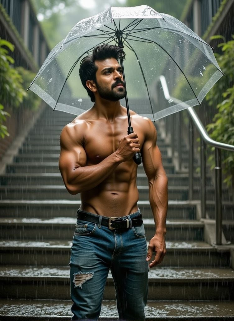 ram charan ,  stands on a large stone staircase,  the rainwater cascading on the steps. He holds a transparent umbrella in...