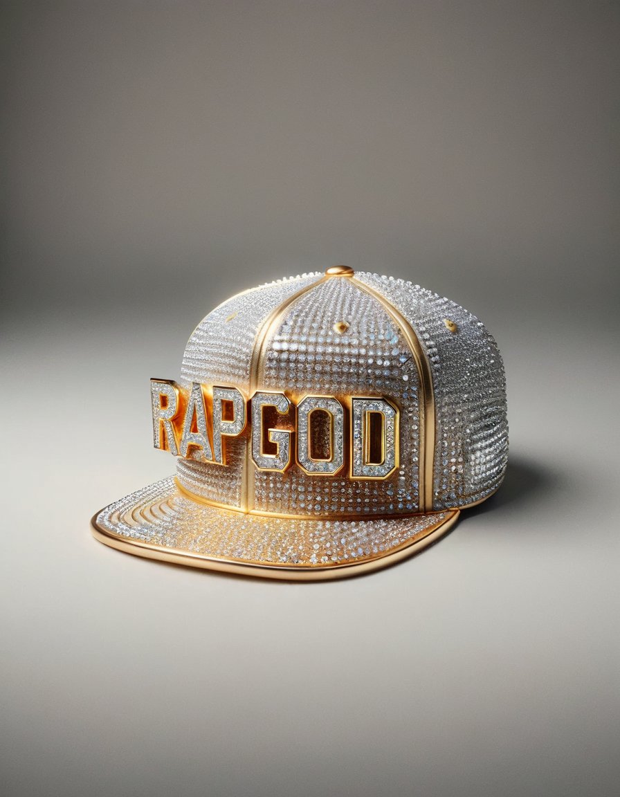 "RAPGOD" text logo <lora:Harrlogos_v1.1:0.7> block letters on basecap <lora:ral-bling-sdxl:0.6> rapper wearing ral-bling