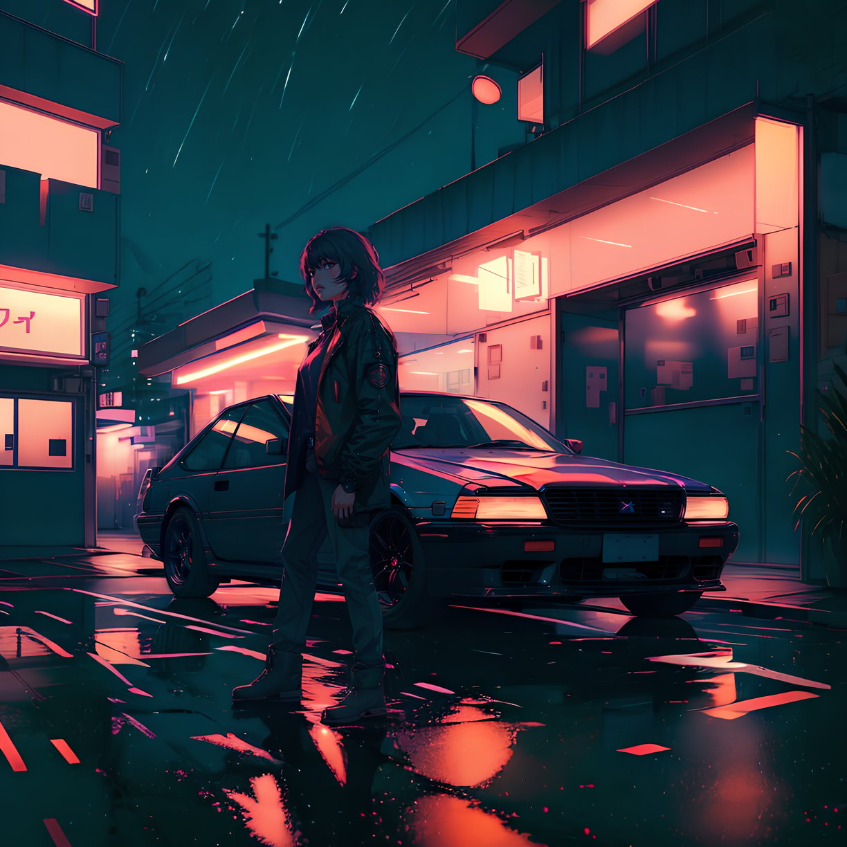 (high quality), vprwve_wnchlora, solo, shirt, black hair, 1girl, stand, jacket, scenery, car behind, building, night, (depth of field), <lora:vaporwave_lora-08:1>