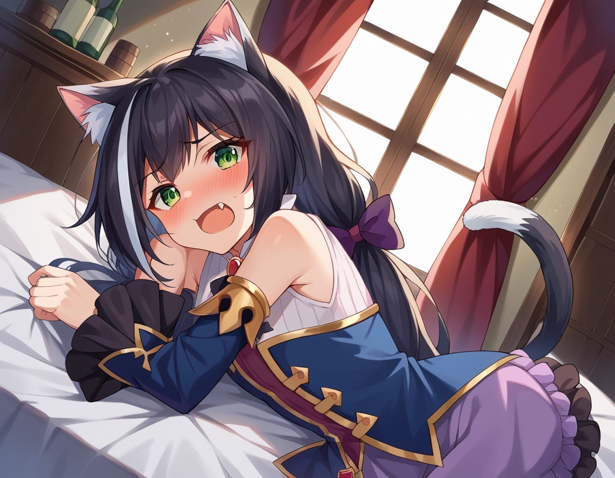 score_9, score_8_up, score_7_up, source_anime,princessconnectkaryl, <lora:princess-connect-karyl-ponyxl-lora-nochekaiser:1>karyl, animal ear fluff, animal ears, black hair, black ribbon, cat ears, cat girl, cat tail, fang, green eyes, hair bow, long hair, low twintails, multicolored hair, purple bow, ribbon, skin fang, streaked hair, tail, twintails, vertical stripes, white hair,arm support, blue sleeves, bow, brooch, detached sleeves, dress, frilled sleeves, frills, multicolored clothes, multicolored dress, neck ribbon, sleeveless, sleeveless dress, striped,indoors, bed, bed room, on side, blush, drunk,looking at viewer, dutch angle, cowboy shot