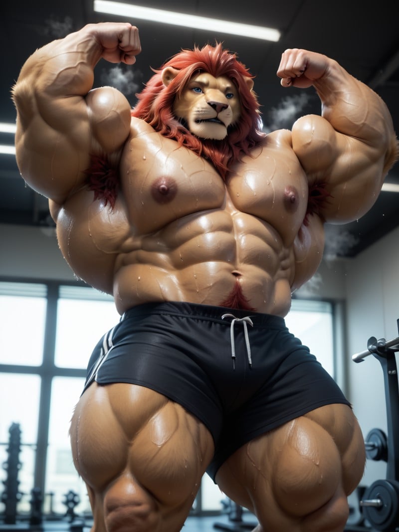 score_9, score_8_up, score_7_up, photorealistic, high quality, raw photo, furry, male, lion, red hair, blue eye, huge gigantic muscle, massive pecs, black gym shorts, gym, (sweating:1.2), (steaming:1.2), low angle, muscle flexing, armpit hair, muscle fiber