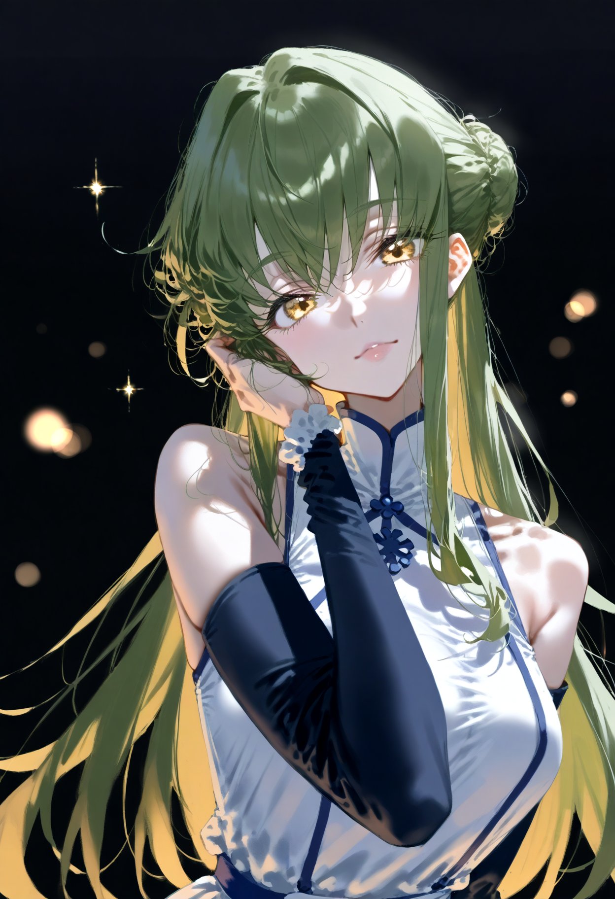 score_9, score_8_up, score_7_up, 1girl, c.c., code geass, armpit crease, bare shoulders, black background, black sleeves, bokeh, depth of field, detached sleeves, dress, green hair, hand in own hair, head tilt, long hair, long sleeves, looking at viewer, messy hair, skinny, sleeveless, sleeveless dress, solo, sparkle, upper body, yellow eyes