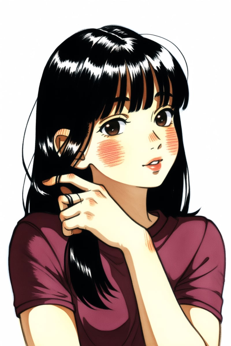 @nnsst,  The image is a drawing of a young woman with long black hair and bangs,  looking slightly to the right with a gen...
