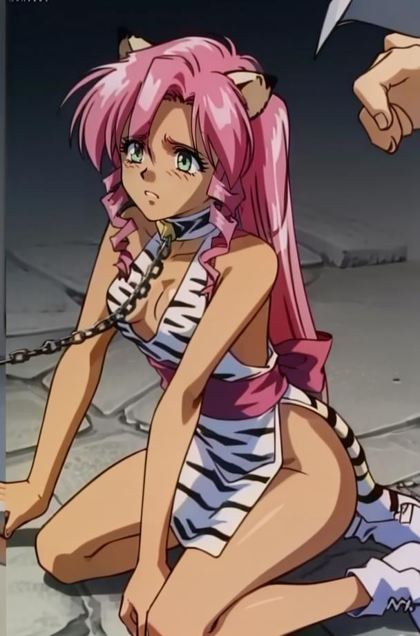 1girl, 90's anime style, PinkCzar, ((white tiger ears), (white tiger tail), long hair, pink hair, sidelocks, green eyes, small breasts), (tiger print, slit dress, pink sash), (full body, outdoors, kneeling, chains, stocks, chain collar, chain leash, subtitled, english text, worried), (masterpiece:1.2), hires, (detailed face:1.2), (detailed eyes:1.2), ultra-high resolution, 8K, high quality, (sharp focus:1.2), clean, crisp, cinematic, <lora:Pink-18:0.75>, <lora:SlaveWithStocksV1:1>