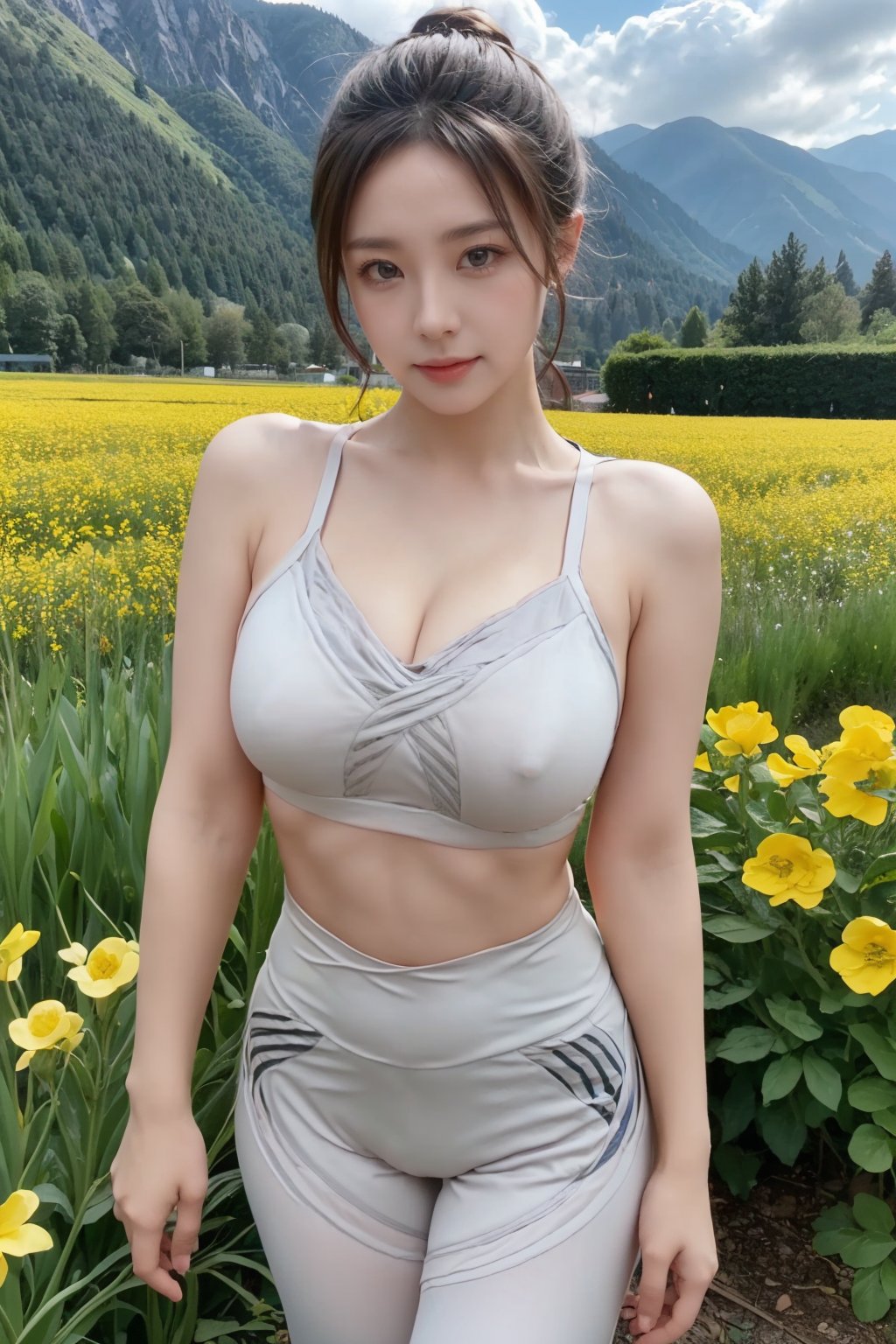 Realistic,masterpiece,best quality,8K,HDR,RAW,A pretty girl,seductive expression,charming,sex,1girl,(solo),(Spring scenery, mountains in the distance, beautiful clouds, rape flower fields),(standing),large breasts,(looking at viewer),<lora:add_detail:0.6>,<lora:GoodHands-beta2:1>,<lora:ENNE 运动内衣+瑜伽裤_v10:1>,sports bra,yoga pants,