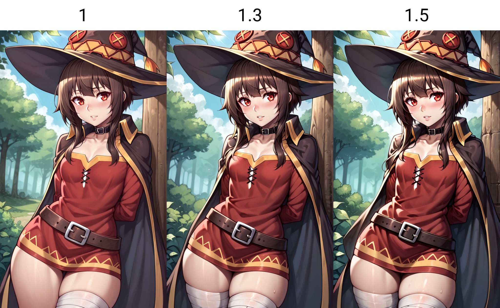 score_9, score_8_up, score_7_up , solo,  1girl, megumin, kono subarashii sekai ni shukufuku wo!, witch hat, holding arms behind back, bandaged leg, belt, cape, choker, long hair, brown hair, red dress, red eyes, thighighs, outdoors, nature, tree, light rays,, <lora:intricate_details:1> intricate detailsxl, intricate details, many details, high detailed, more details, detailed, asura \(asurauser\),