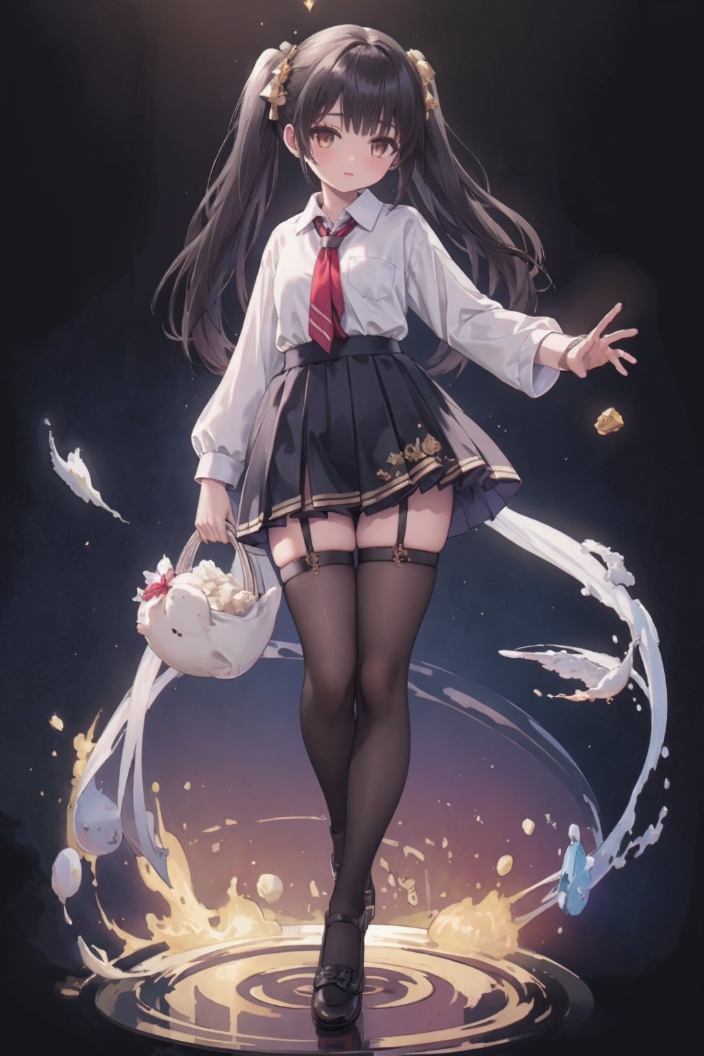 1girl,skirt,solo,shirt,long hair,(thigh strap:1.5),white shirt,school uniform,holding,(pantyhose:1.3),white pantyhose,pleated skirt,black skirt,twintails,full body,