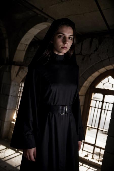 dim light, natural backlighting, in a dark smoky convent room, brutalist, cement, concrete, weird unusual angle full shot of a harness satanist nun, young woman, haunted sinister expression, slightly parting lips