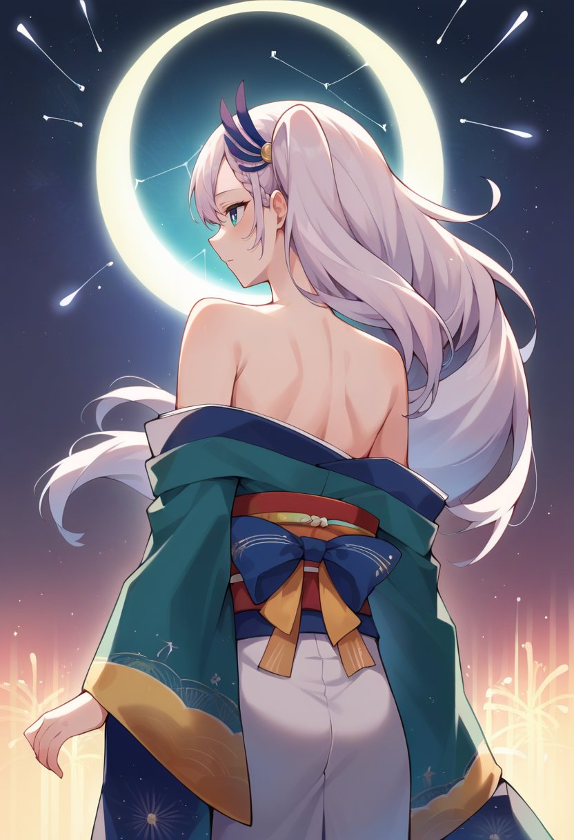 score_9, score_8_up, score_7_up, 1girl, solo, PavoliaReine, bright pupils, long hair, side ponytail, feather hair ornament, aurora, back, bare back, bare shoulders, bow, constellation, crescent moon, fireworks, from behind, hair ornament, japanese clothes, kimono, light particles, long sleeves, off shoulder, <lora:PavoliaReinePDXL:1>