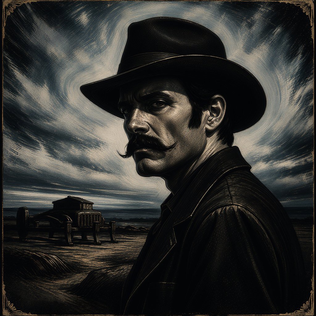 occult,  rockabilly_morph,  A square album cover artwork shows a stern 45-year-old outlaw gentleman in a close portrait by...