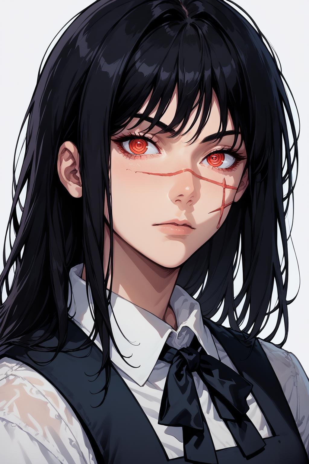 score_9, score_8_up, score_7_up, <lora:YoruAsa_Chainsaw_man:1>, yoru, scar on face, ringed eyes, red eyes, black hair, long hair, black ribbon, black pinafore dress, close-up, manga style 