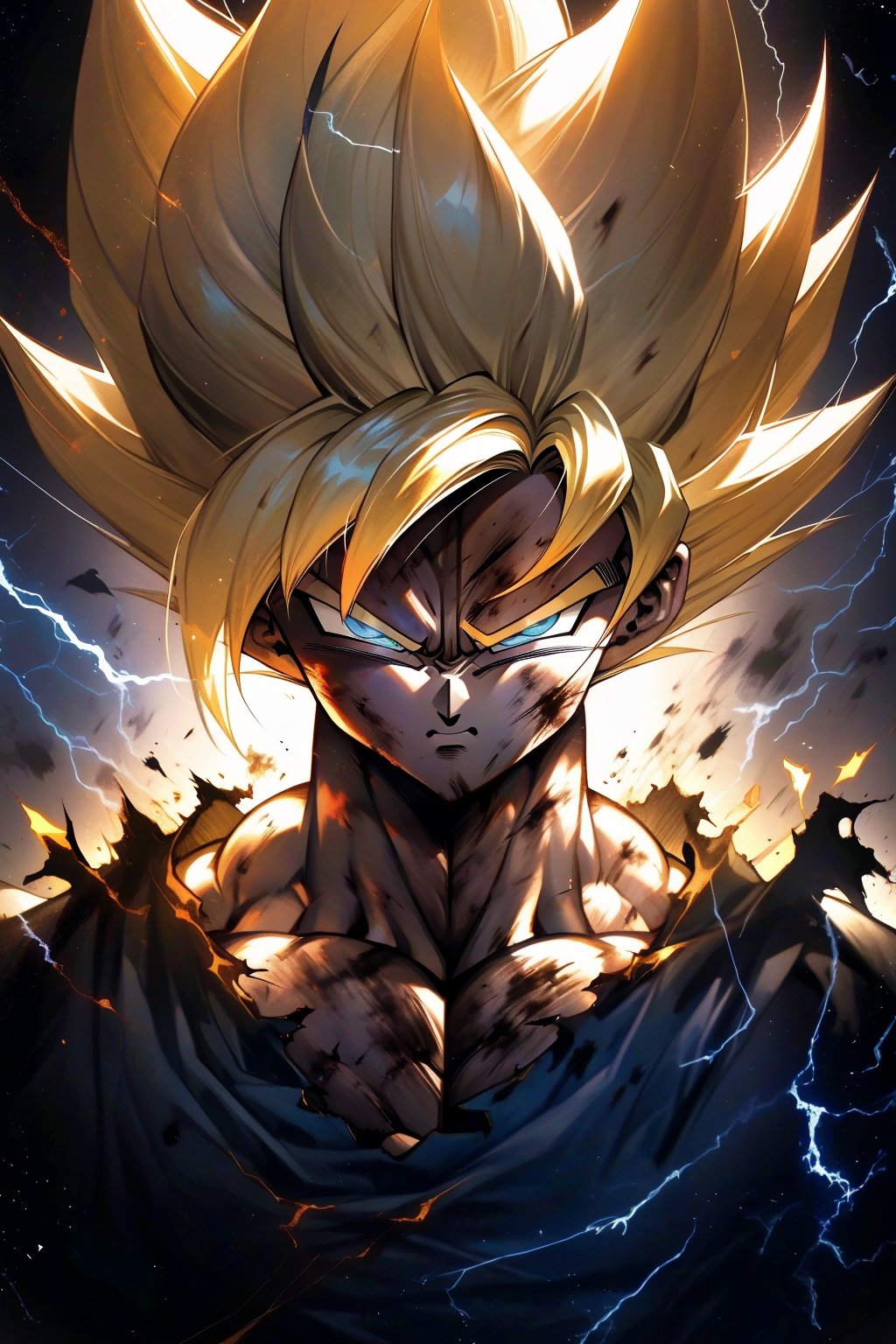 ((best quality)),masterpiece,((ultra-detailed)),illustration,8k wallpaper,((extremely detailed CG unity 8k wallpaper)),(extremely detailed eyes and face),huge filesize,game cg,songoku, solo, male focus, 1boy, super saiyan, torn clothes, spiked hair, blonde hair, upper body, blue eyes, torn shirt, muscular, serious, looking at viewer, pectorals, aura, shaded face, frown, super saiyan 1, arms at sides, electricity, dark background, closed mouth, shirt, muscular male, scratches, dirty, collarbone, dirty face, gradient, black background <lora:songoku:1>