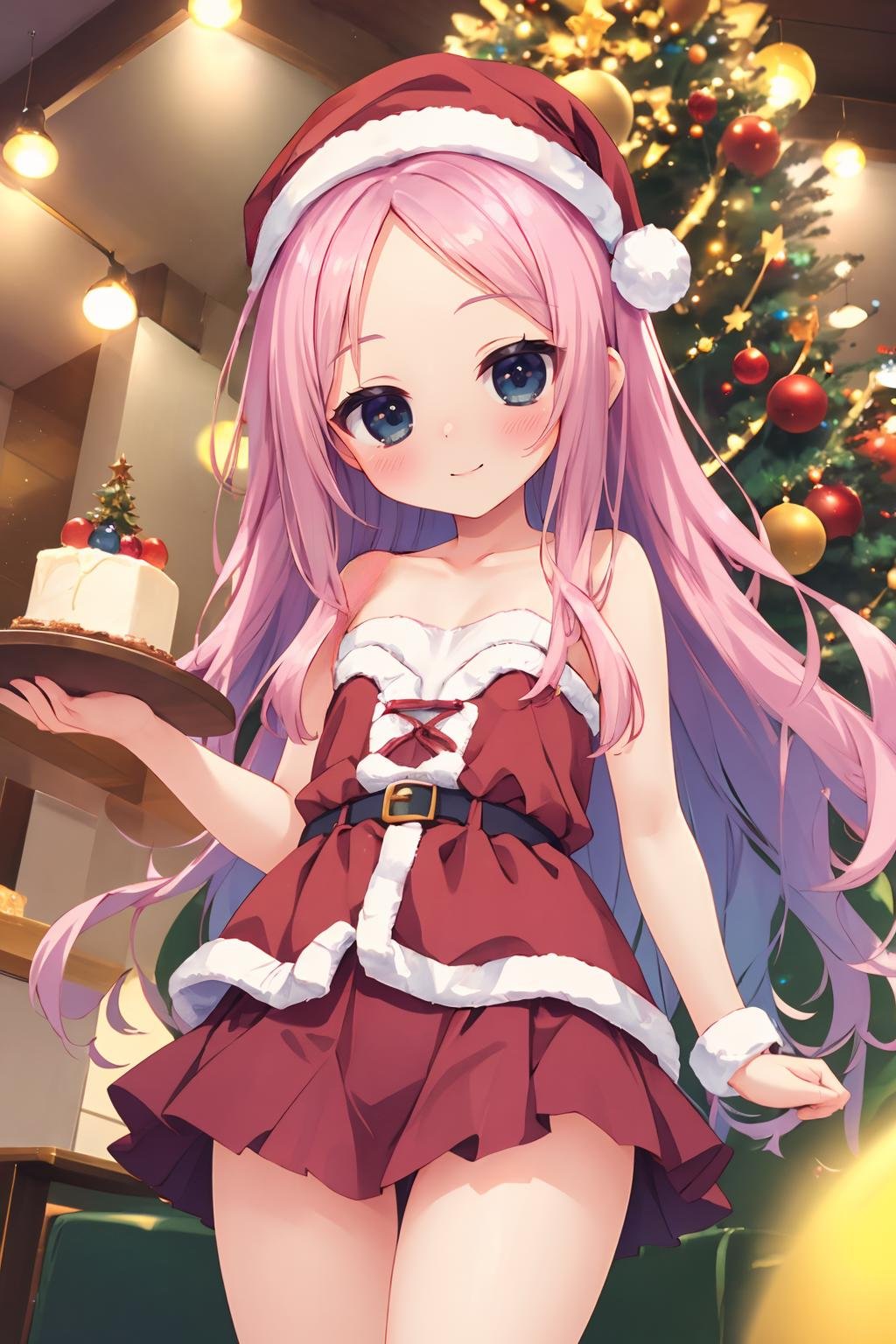 16k, highres, masterpiece, best quality, cinematic film still, a pinup of a girl, patissier,smile, Christmas tree, decoration,  megami magazine, from below, 1girl, szn, short petite, long hair, parted bangs, forehead, flat chest, <lora:suzune_v1.1:0.6> santa costume, microskirt, strapless, collarbone, thighs, , shallow depth of field, vignette, highly detailed, high budget, bokeh, cinemascope, moody, epic, gorgeous,film grain, grainy, 