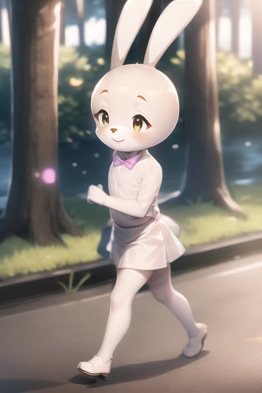 tsidoki, white eyes, rabbit ears, body fur, pink bowtie, white shirt, white skirt, smile, walking, forest <lora:Doki-v2:1>