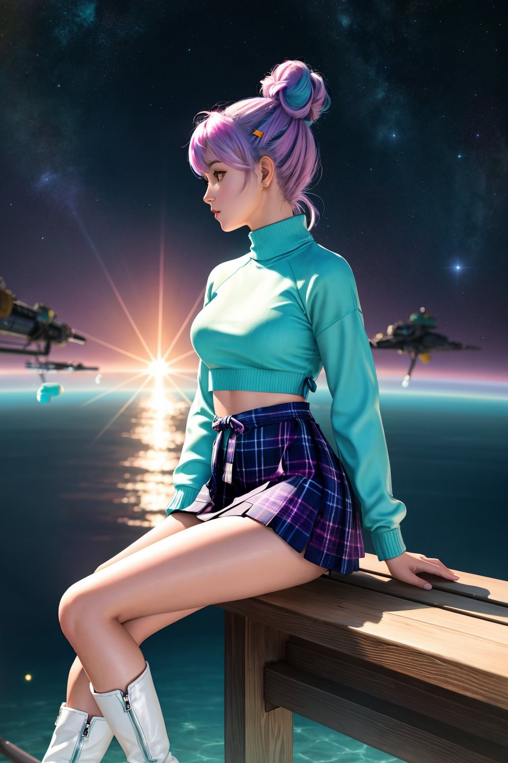 masterpiece of photorealism, photorealistic highly detailed professional 8k raw photography, best hyperrealistic quality, volumetric real-time lighting and shadows, front profile full body Photography, Retro Sci-fi Space Traveler, Triangle with Full Bust: Broader bust with a narrower hip and well-defined waist,  **Plaid Mini Skirt with a Knit Sweater and Knee-High Boots**, Pastel Tie-Dye Space Buns, Sitting Elegance: Crossed legs, leaning slightly forward, exuding poise., Symmetrical Orchards in Bloom full of busy people, Unconventional Underwater Angles