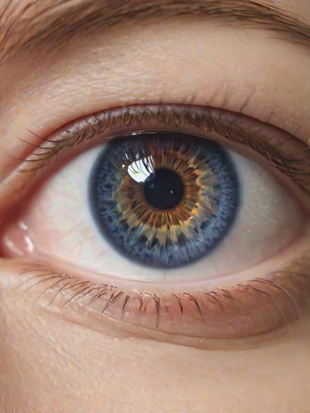 A close-up photo of a human eye, with the intricate patterns of the iris and the reflection of a window in the pupil, emphasizing the complexity and beauty of the most expressive part of the body.