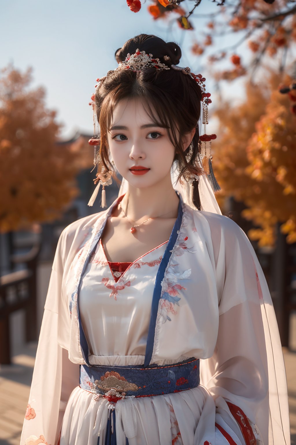 masterpiece, best quality, realistic, 1girl, gufeng style, solo, looking at viewer, black hair, hair ornament, jewelry, earrings, necklace, hair bun, blurry, lips, chinese clothes, cowboy shot, realistic, red lips, outdoors, day, sky, cloud, tree  <lora:Tensorxy_Gufeng_BD_LoRA_v1:0.7:lbw=CLOTHING> 