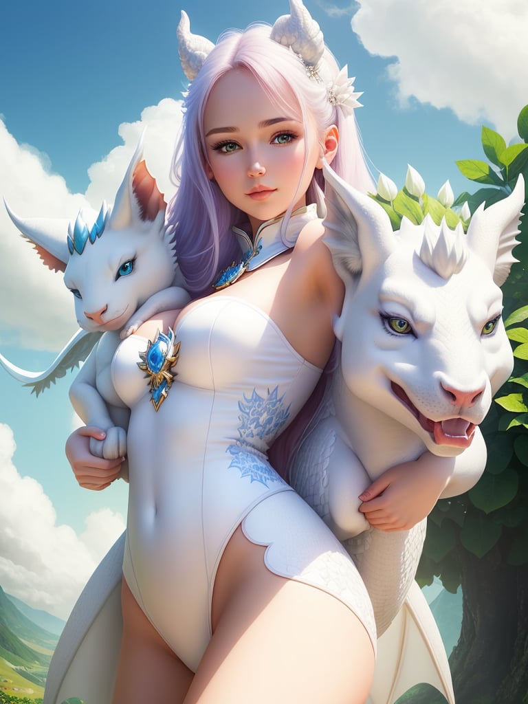 1girl, half body, closeup portrait of a beautiful 21yo woman with (a little white dragon in her arms), surrounded by white clouds, looking away, piercing eyes, fairyland at background, detailed face, detailed skin, hd, dream, ultra wide angle, hyperrealism, hyper detailed, centered