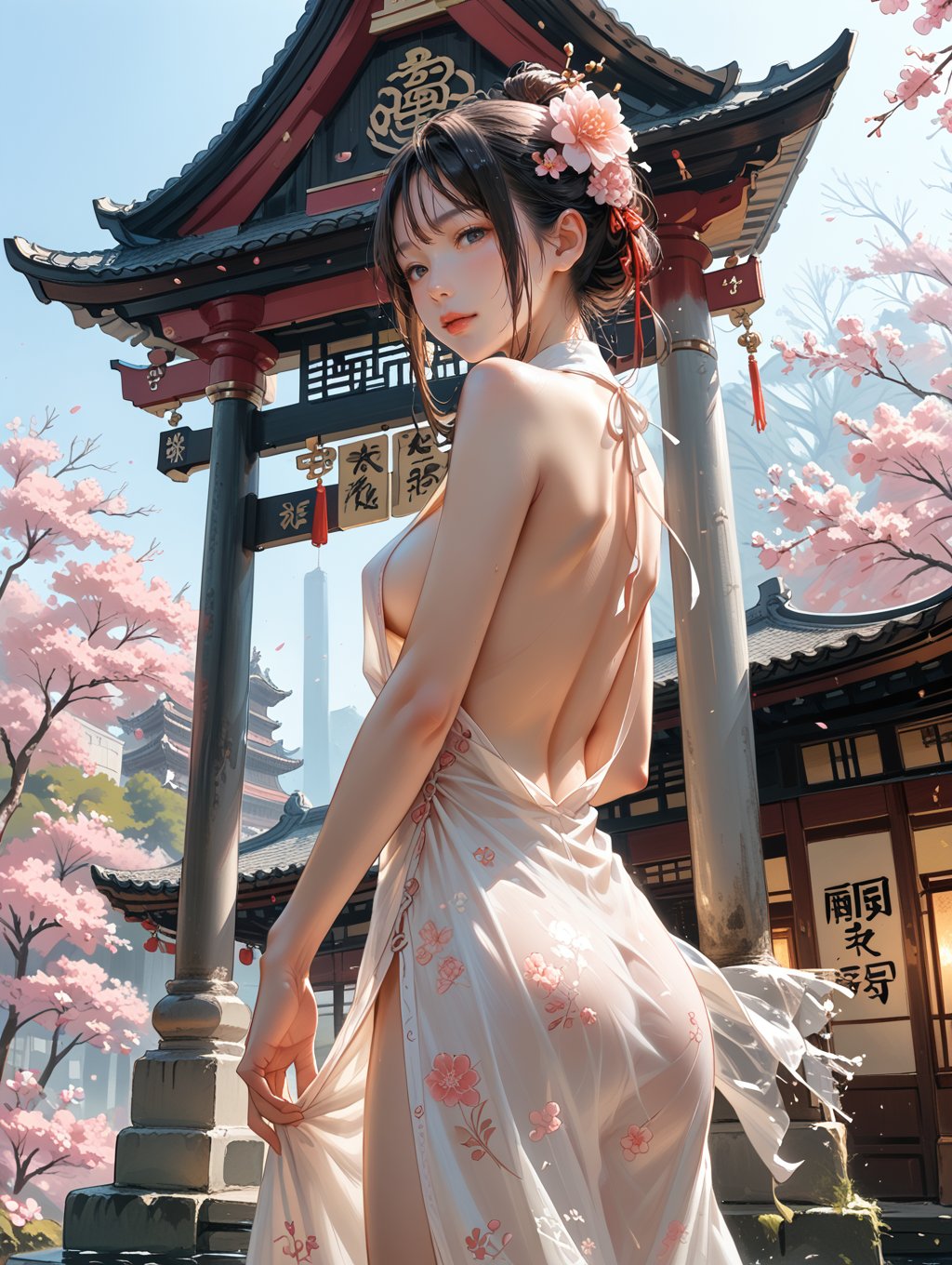 score_9, score_8_up, score_7_up,BREAKan oriental woman in a loose sleeveless, backless gauzy, transparent dress with oriental dragon designs, open down the sides to below the waist, erotic, sexy, showing ample sideboob, flower in hair, sidelocks, sakura trees and petals, shinto temple