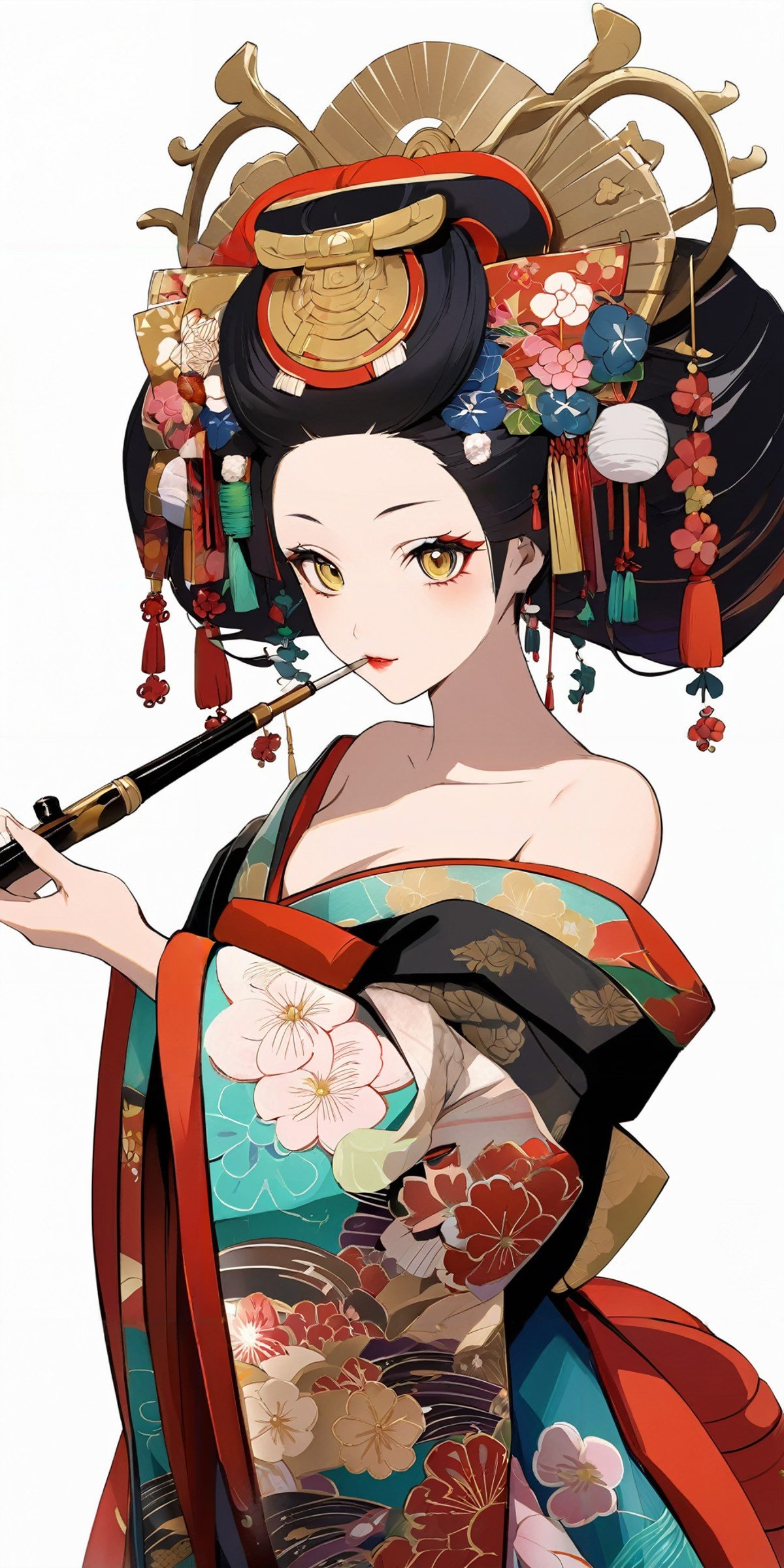 masterpiece,ultra-detailed,best quality,8K,illustration,cute face,clean skin ,shiny hair,girl,ultra-detailed-eyes,simple background, <lora:add-detail-xl:1> <lora:oiran_XL_V1.0:0.6> oiran, hair ornament, japanese clothes, floral print, long sleeves,off shoulder,holding smoking pipe,smoking