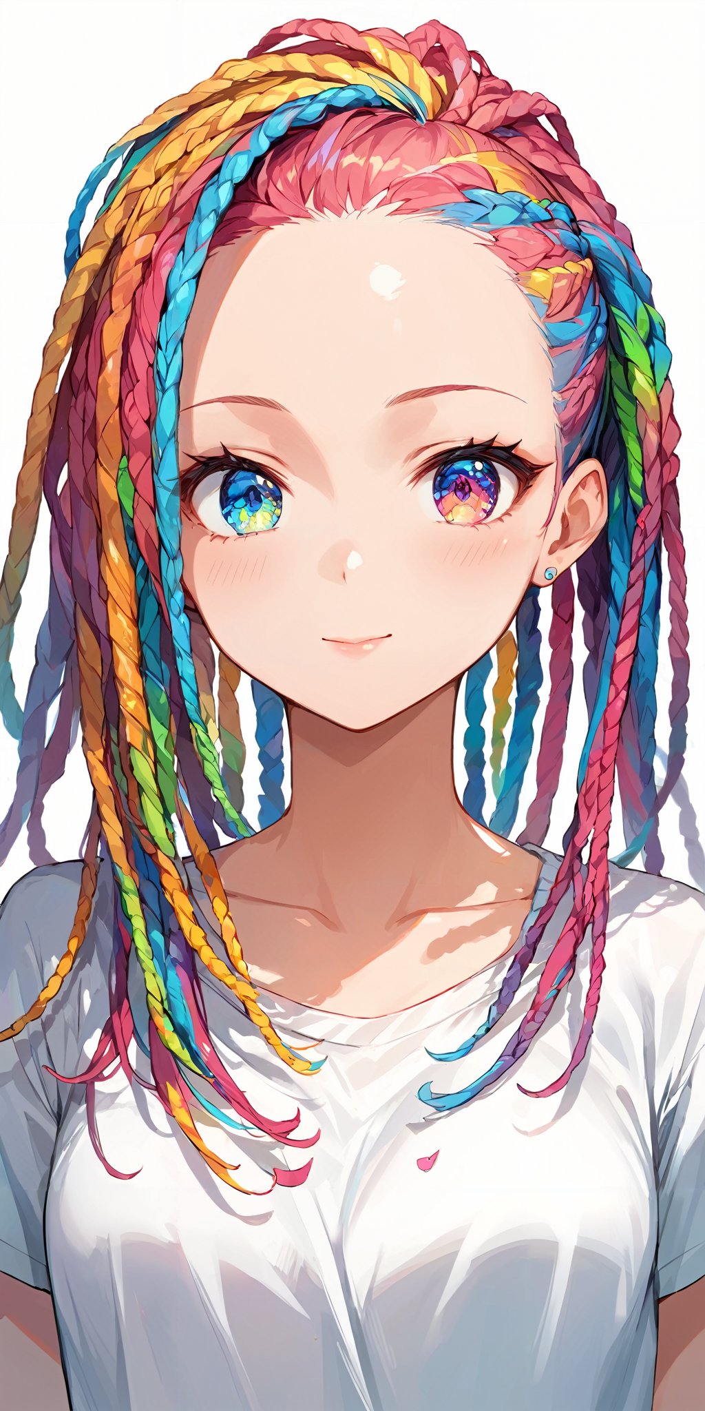 score_9, score_8_up, score_7_up,source_anime, high res image,masterpiece,best quality,girl,cute face,clear skin,shiny hair,ultra detailed eyes,simple background , <lora:dreadlocks_pony_V1.0:1.2> dreadlocks,colorfull hair