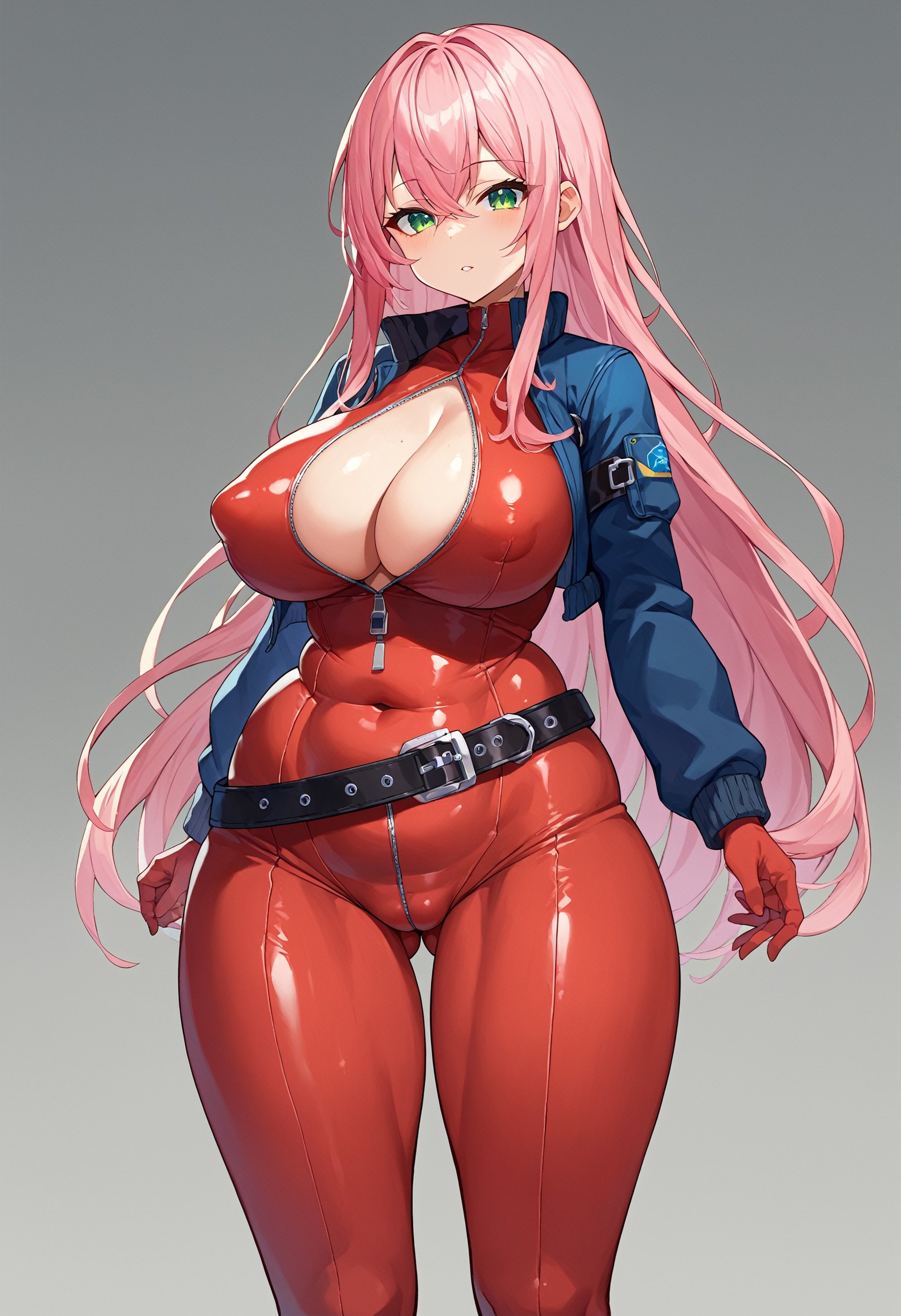 score_9, score_8_up, score_7_up, BREAK   1girl,   bomber jacket, ass, belt buckle, long hair, green eyes, belt, red bodysuit, unzipped, bodysuit, thick thighs, white bodysuit, standing, wide hips, black belt, jacket, tight clothes, leaning to the side, parted lips, thighs, ass visible through thighs, looking at viewer, skindentation, covered nipples, curvy, thigh gap, solo, large breasts, breasts, plump, very long hair, cleavage, buckle, covered navel