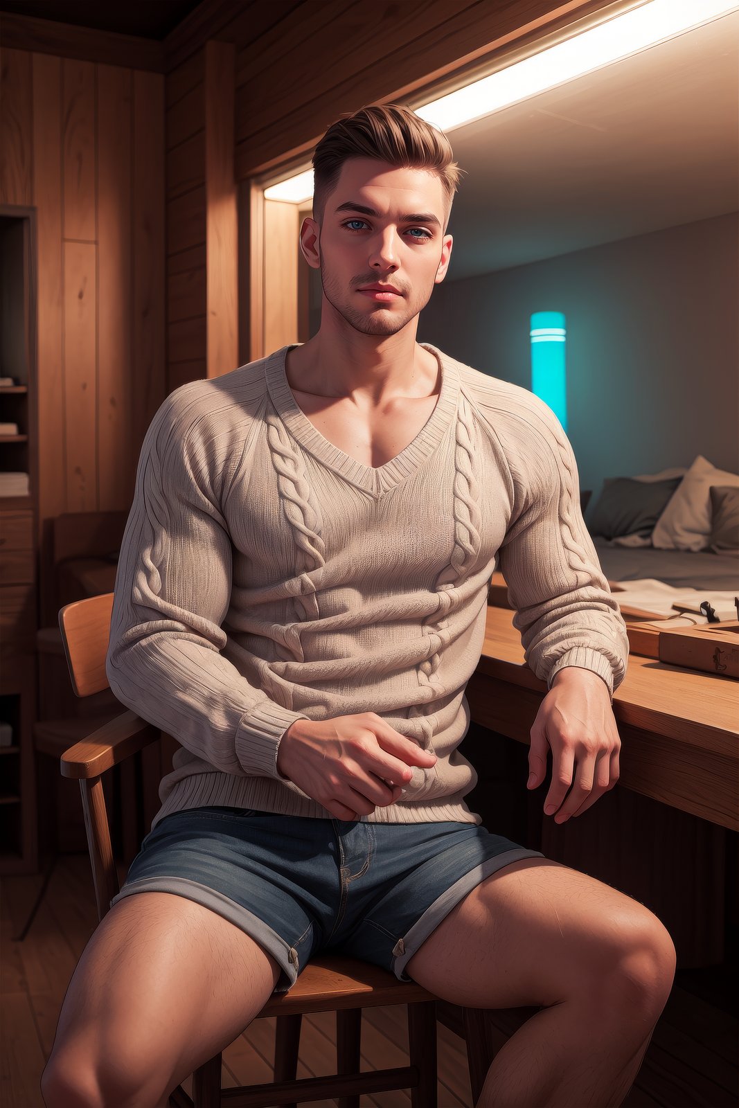 bedroom, stubble, male (large nose, large lips, expressive eyes), (wearing an old sweater), shorts, sitting on a chair, old, vintage, colorful atmosphere, neon, cozy lighting