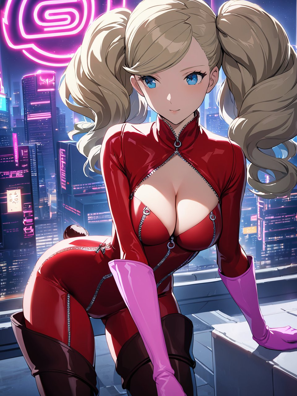 dspanther, blonde hair, long hair, twintails, swept bangs, blue eyes, red bodysuit, thigh boots, pink gloves, zipper, cleavage, clothing cutout, fake tail, 1girl, soloBREAKfuturistic city, neon lights, night, rooftop, depth of field, cinematic, masterpiece, best quality, game cg <lora:dsann_a3b:1>