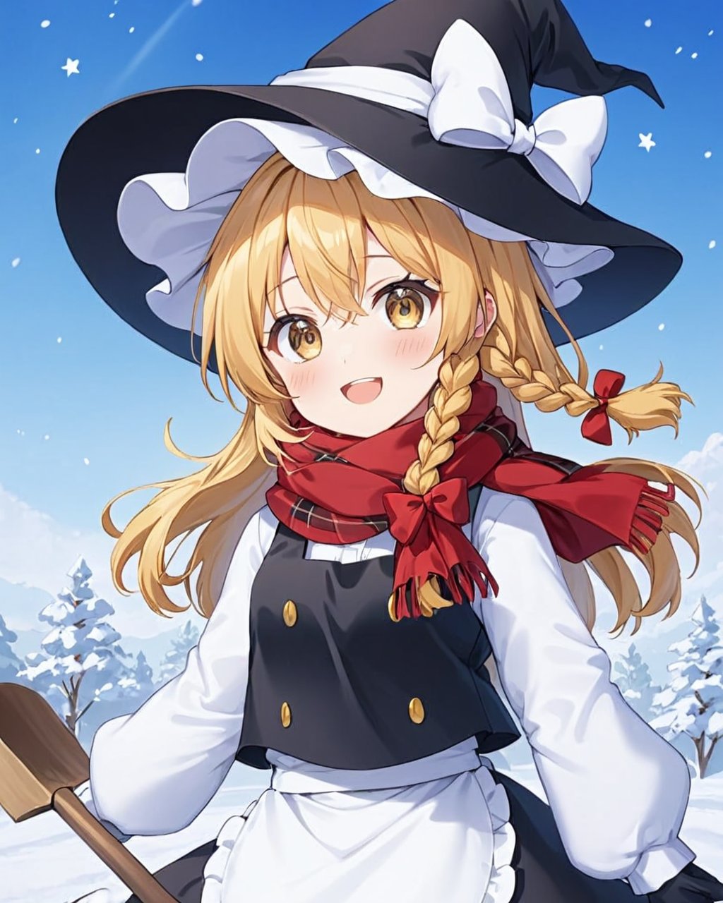 kirisame marisa,1girl, solo, long_sleeves, white_bow, hat_bow, open_mouth, black_headwear, witch_hat, white_apron, red_scarf, looking_at_viewer, smile, mittens, snow, gloves, single_braid, winter, bare_tree, outdoors, blush, hair_bow, black_skirt, white_shirt, shovel, plaid_scarf, waist_apron, upper_teeth_only, breath, puffy_sleeves, black_vest, dress<lora:kirisame_marisa_image6213_2023-12-11-000007:1>,star-shaped_pupils,symbol-shaped_pupils,. gorgeous,key visual, vibrant, studio anime,award-winning, professional, highly detailed,high budget, cinemascope