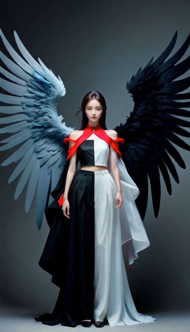 <lora:xl-shanbailing-0112yin_yang:0.85>,(1girl:1.2),wings,(solo:1.2),((left and right different colors)),color patches,contrast,concept clothing,garment draping,black,red,