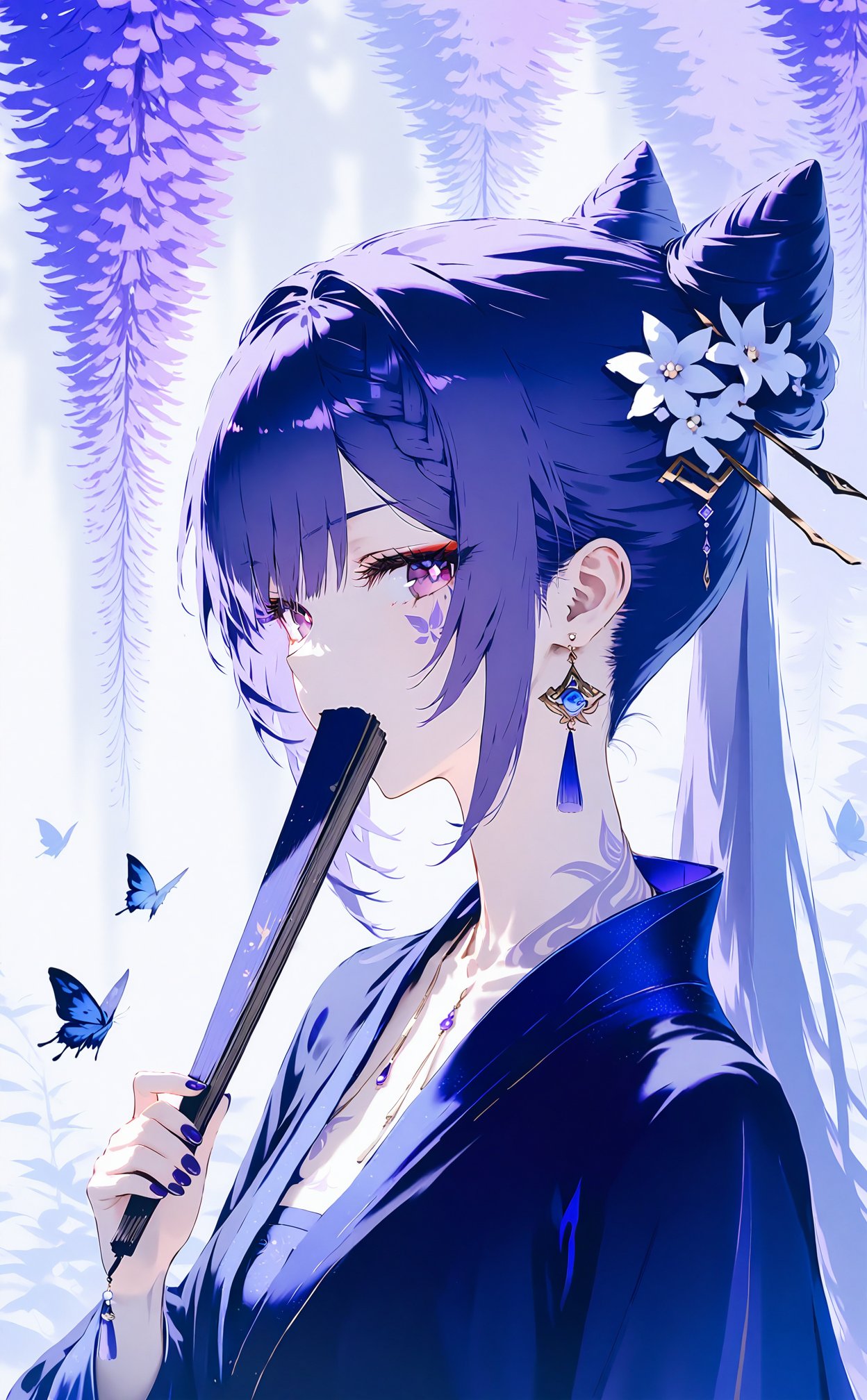 masterpiece,keqing \(genshin impact\),1girl,hair ornament,flower,jewelry,earrings,hand fan,purple hair,butterfly,cone hair bun,solo,hair bun,bug,folding fan,hair flower,holding fan,purple eyes,purple nails,looking at viewer,braid,long hair,holding,upper body,covering own mouth,nail polish,folded fan,alternate costume,butterfly tattoo,wisteria,chinese clothes,purple theme,sideways glance,facial mark,white flower,long sleeves,tattoo,blue butterfly,twintails,purple butterfly,double bun,sidelocks,diamond \(shape\),covered mouth,drop earrings,hanfu,tassel,hand up,diamond-shaped pupils,hairpin,facial tattoo,hair ears,ponytail,