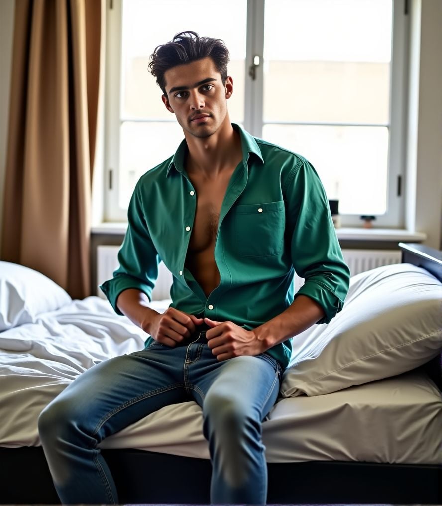 Thomas Ceccon ,  He is unbuttoning his green shirt,  sitting on the edge of a black Ikea bed with white sheets by Hottiesn...