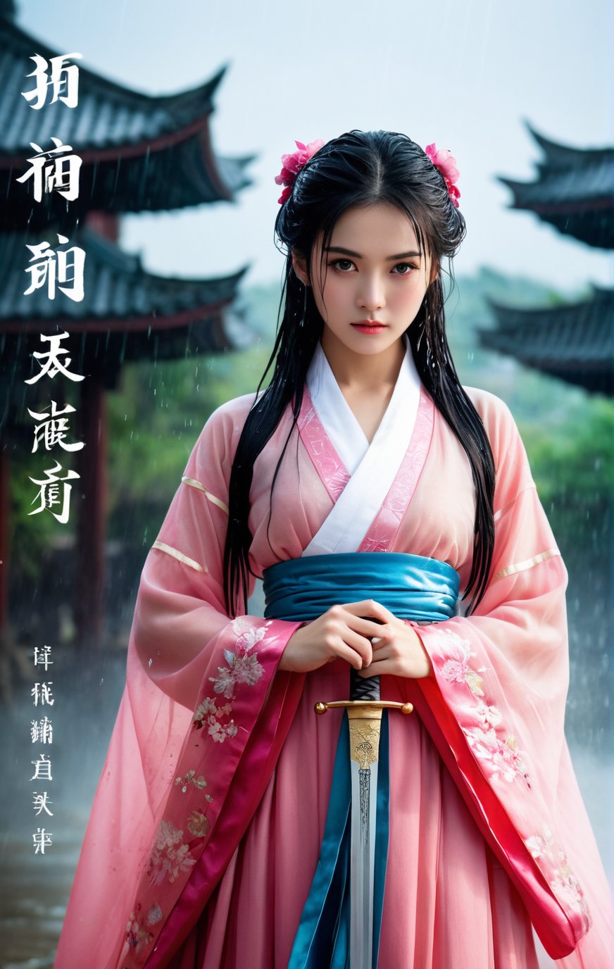 18 y.o beautiful girl and monster,transparent hanfu,masterpiece,best quality,eyes close-up,from_above,best fingers,facing viewer,magnificent,celestial,ethereal,painterly,epic,majestic,magical,fantasy art,cover art,dreamy,elegant,cinematic,background illuminated,rich deep colors,ambient dramatic atmosphere,creative,perfect,beautiful composition,intricate,detailed,ink and wash,soft backlight,traditional chinese characters,magazine cover,pink long upper shan,heavy rain,exaggerated dynamic posture,wet clothes,glaring,angry,wet_hair,(wet body:1.3),(take the sword:1.4),battle posture,