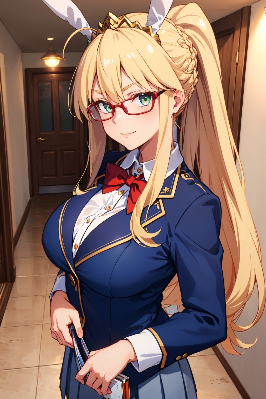 masterpiece, best quality, 1girl, <lora:artoriaruler-nvwls-v1-000009:0.9> 1struler, braid, ponytail, tiara, fake rabbit ears, blue blazer, red bowtie, large breasts, pleated skirt, furrowed brow, smile, hallway, glasses, white shirt, collared shirt