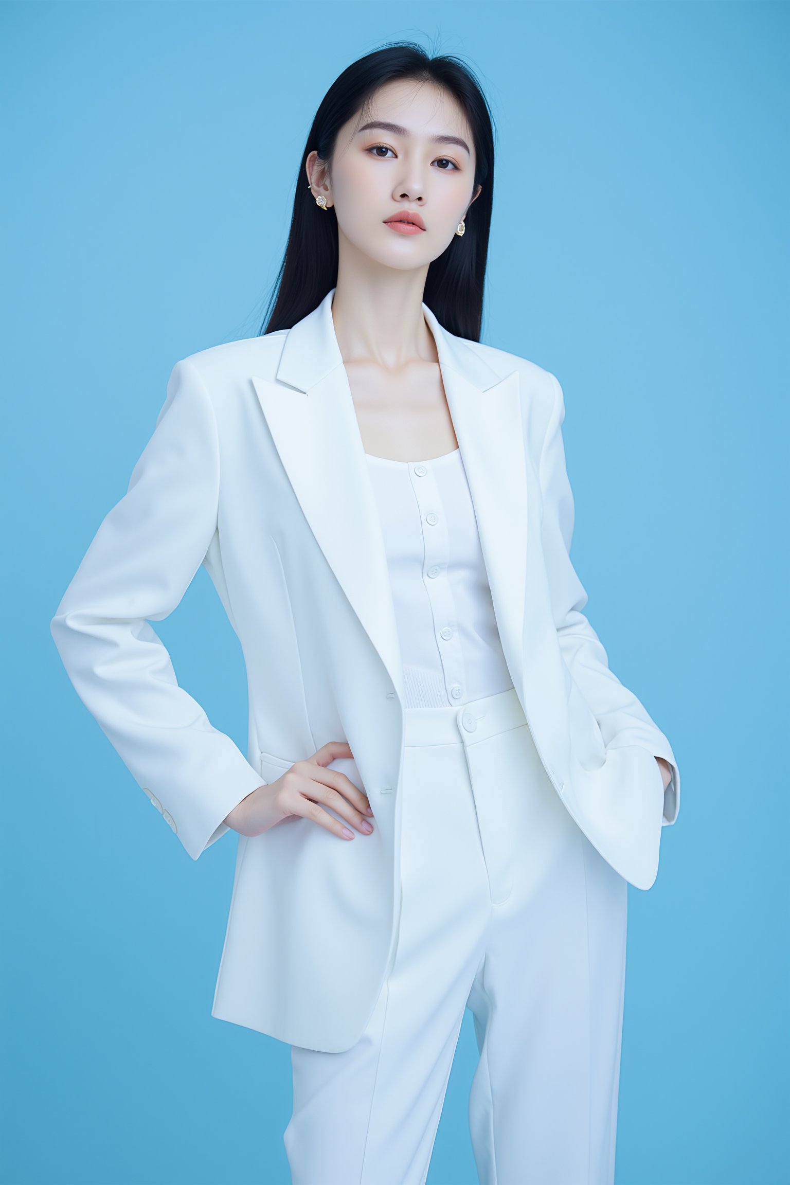 tianhai girl, photograph, woman in white blazer and pants, standing against a blue background, hands on hips, long black hair, serene expression, minimalist fashion, soft lighting, modern and elegant atmosphere.<lora:光影人像v2.0:0.8>