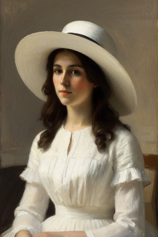 Impressionism, in the style of Frank Weston Benson, "Portrait of a young woman with dark hair, white hat, long flowing white dress", (extremely sharp:1.2), (high-definition:1.2), (clean, crisp edges:1.2), (ultra-sharp textures:1.2), (focus on fine details:1.2), (high contrast lighting:1.2), (perfect clarity:1.2)