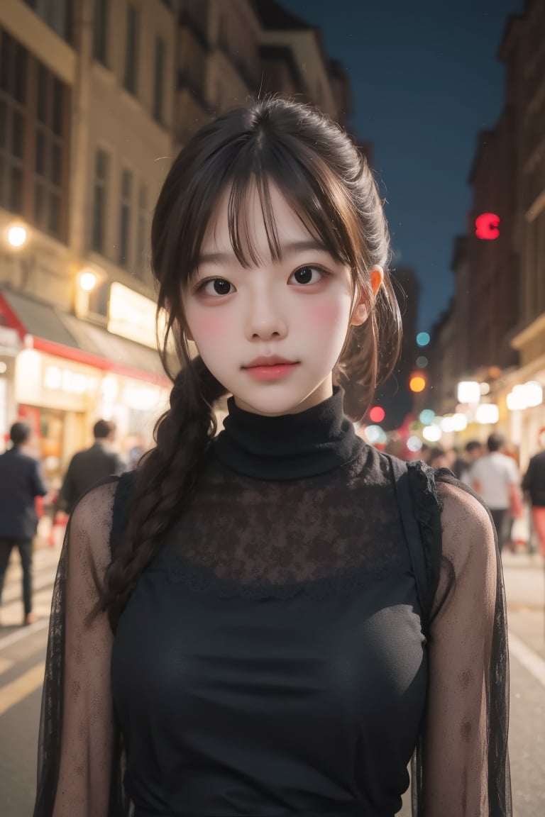 close-up, upper body, 1girl, cute, highneck, dress, street, crowd, storefront, signboard lights, night, <lora:ADetailerNetidolFace:0.5>