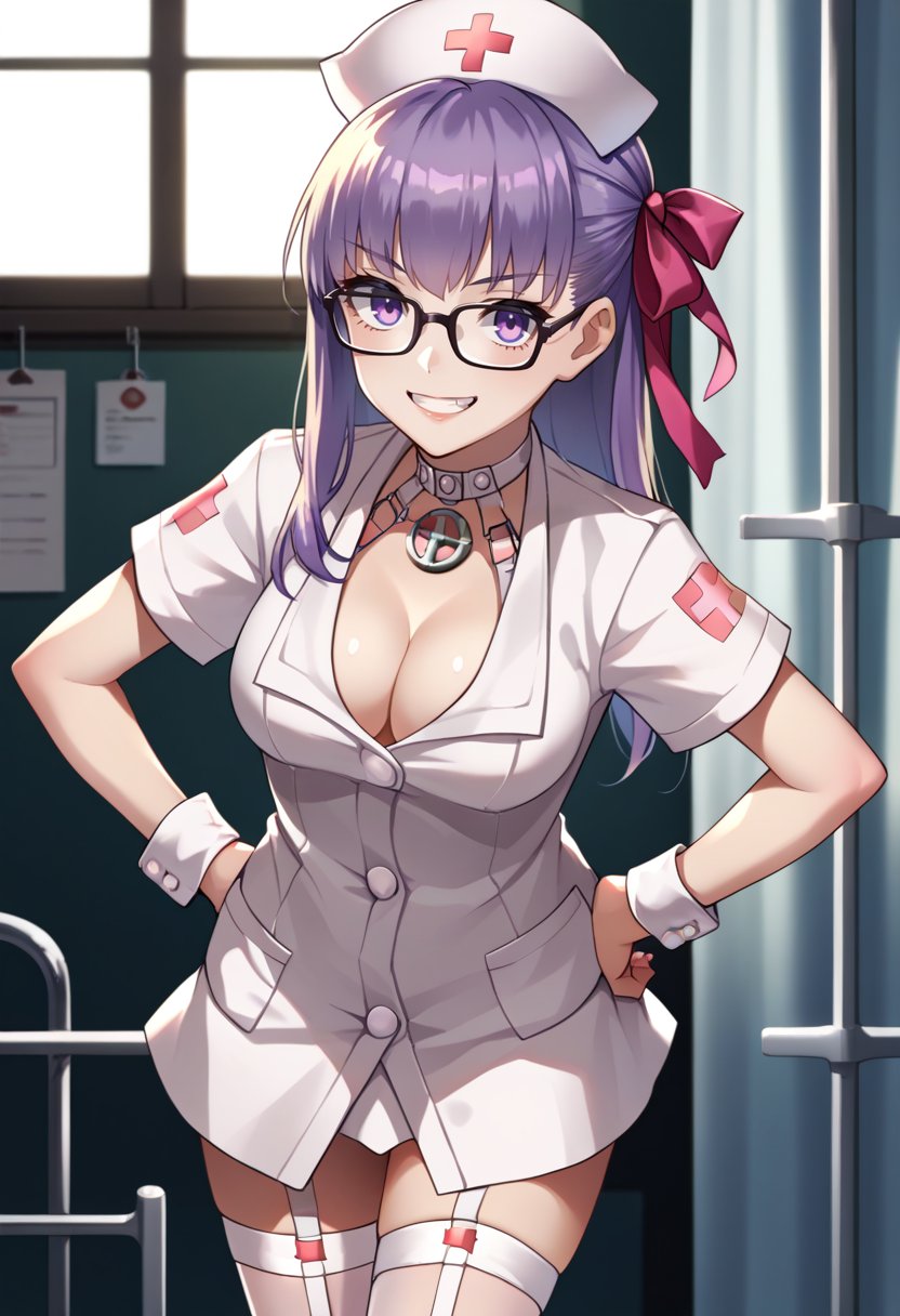 score_9, score_8_up, score_7_up, source_anime, solo, 1girl, bbnurse, grin, looking at viewer, leaning forward, hand on hip, hair ribbon, nurse cap, glasses, white dress, short sleeves, wrist cuffs, white thighhighs, choker, cleavage, indoors, hospital <lora:fate_bb_ponyXL:1>