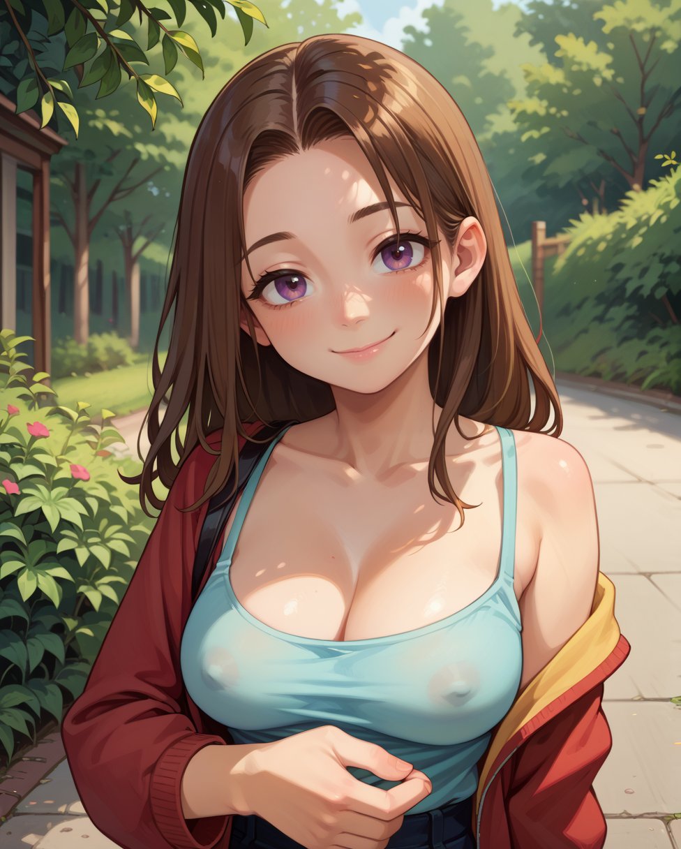 score_9, score_8_up, score_7_up, source anime, 1girl, solo, outdoors, <lora:nobrav1_SDXL:0.8> no bra, covered nipples, closed mouth, smile, left hand down, upper body, looking at viewer,