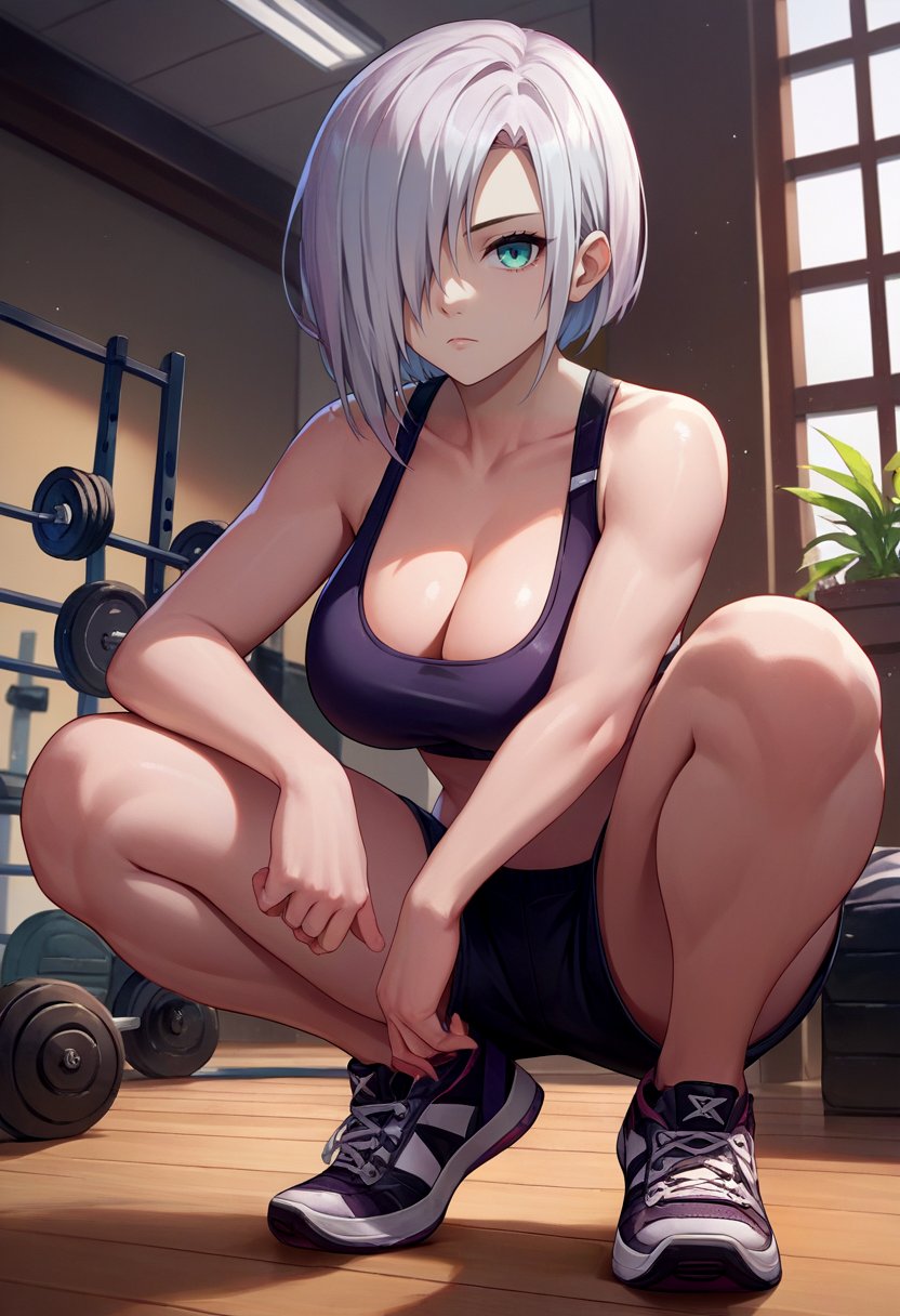 score_9, score_8_up, score_7_up, source_anime, solo, 1girl, gflmg5, expressionless, looking at viewer, squatting, hair over one eye, black sports bra, black shorts, sneakers, cleavage, large breasts, indoors, gym <lora:gfl_mg5_ponyXL:1>