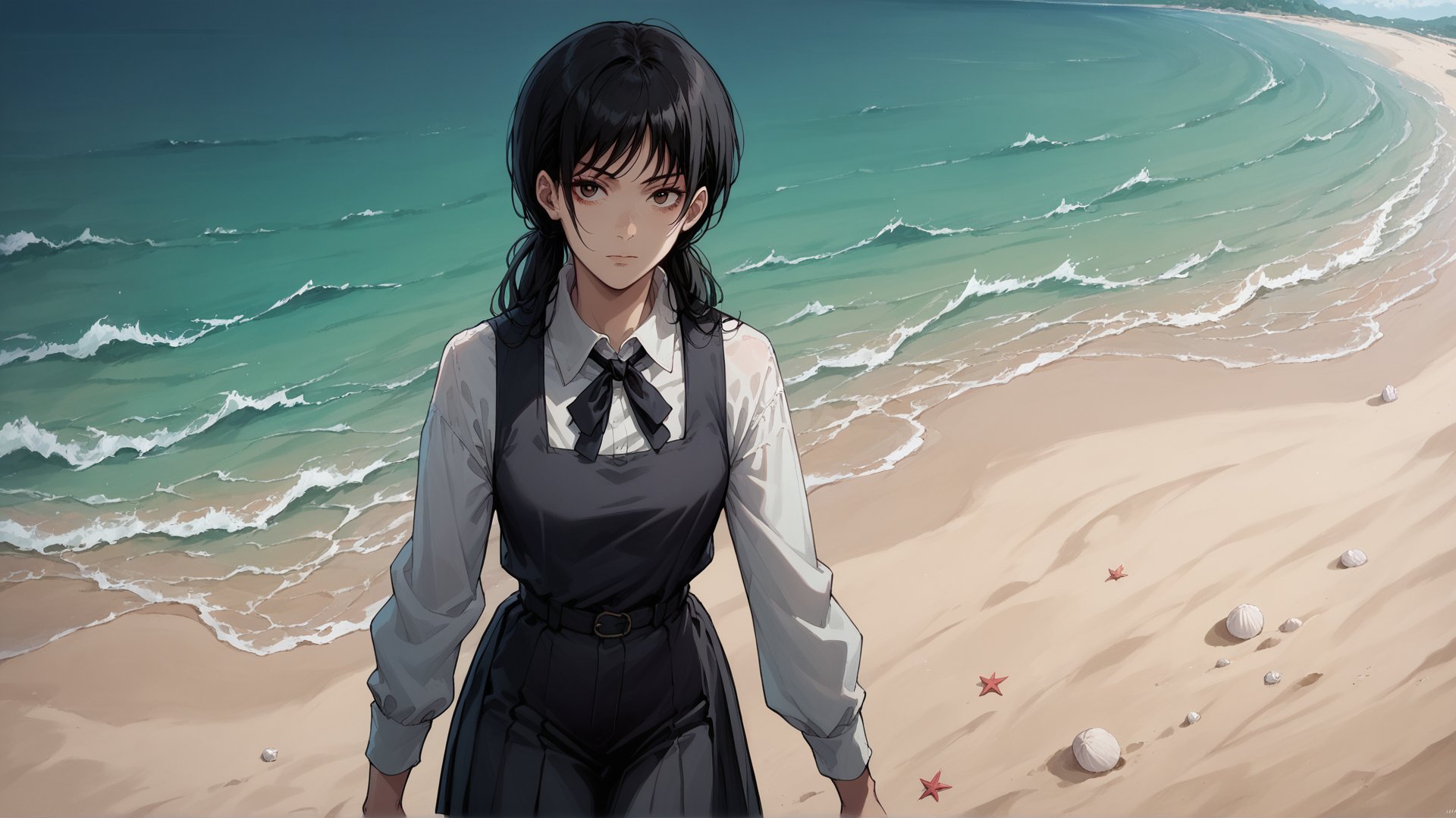 score_9, score_8_up, score_7_up, looking at viewer,<lora:Yoru_Chainsaw-Man_Pony-000008:1>, asa_mitaka, black hair, black ribbon, black pinafore dress, art style, beach