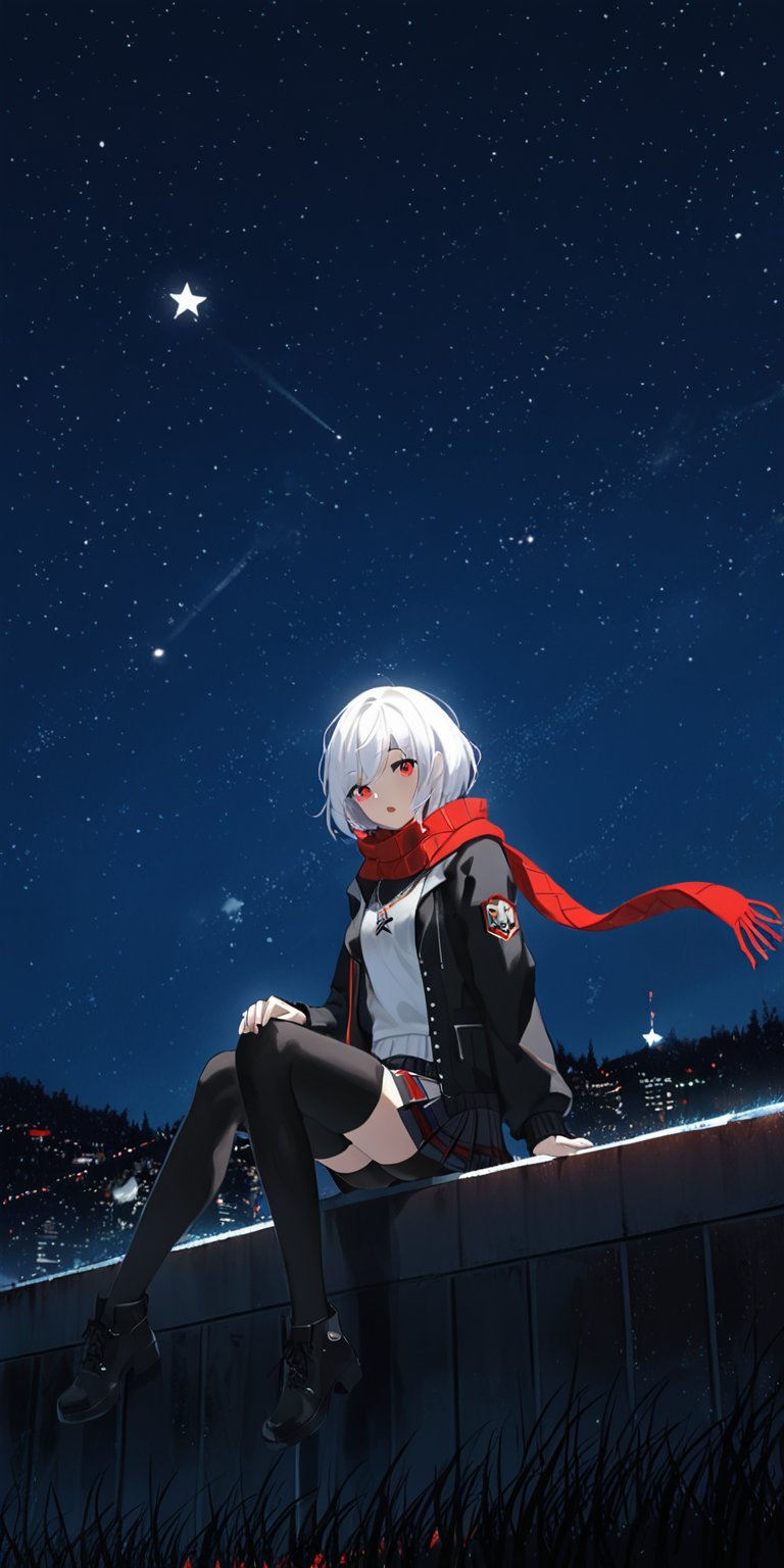 1girl, solo, looking at viewer, short hair, open mouth, skirt, red eyes, thighhighs, jewelry, sitting, jacket, white hair, pleated skirt, black thighhighs, hood, necklace, scarf, plaid, plaid skirt, star \(sky\), pendant, red scarf,Movie Style Background,<lora:moviebackground-000010:0.6>,