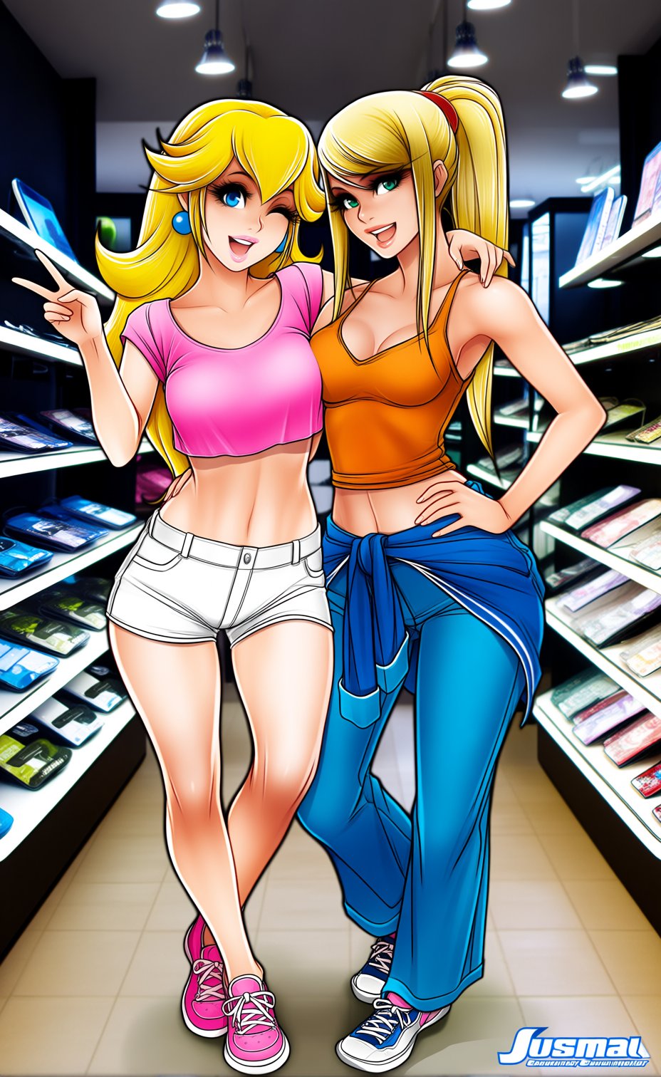 2girls,  princess peach on the left,  samus aran on the right by antojo on Tensor.Art