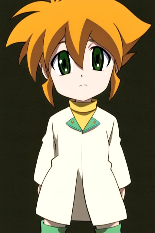 masterpiece, best quality, <lora:Yutendo:1>, looking at viewer, 1boy, orange hair, green eyes, short hair, shota, tunic, boots, socks, yellow shirt, simple background, solo, upper body