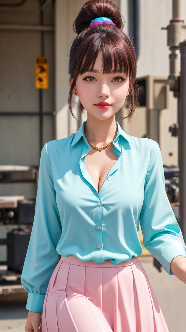 1girl, exhibitionism girl, kawaii, cute face, cleavage, semi-glossy skin, lipstick, sexy thighs, sexy pose, at (military laboratory:1.2), Ponytail, long hair, iridescence hair, bangs, (transparency pink blouse turquoise long skirt:1.2), flat chest, beautiful, realistic skin texture, detailed sharpy eyes, detailed hair, nice hand detail, nice fingernail, futuristic, Streetstyler fashionista, stylish naughty photography, rule of thirds, wide shot, partly body, best quality, extremely detailed, high fidelity, hyper detailed, extremely highres, sharp focus, realistic detail skin texture, natural volumetric lighting, detailly environment, RAW, 