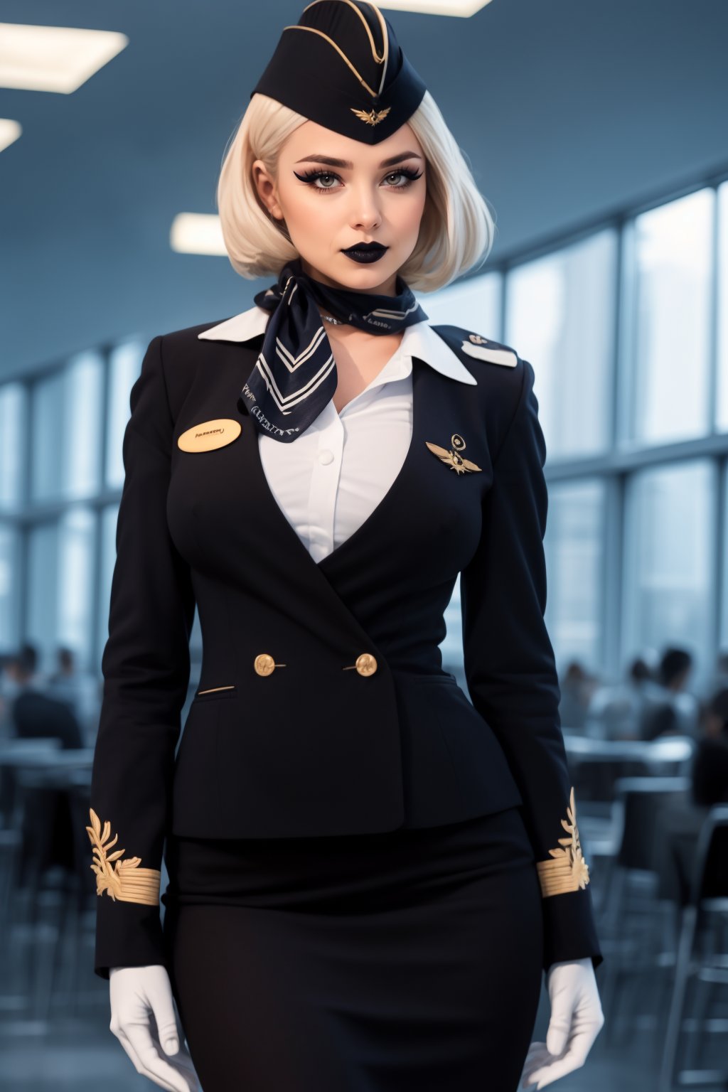 1girl, solo, beautiful adult woman, (( Eerie Phantom Black)), eyeliner, eyeshadow, makeup, black lips [platinum blonde hair] best quality, high quality, high detail, 4k, 8k resolution,rim lighting <lora:Stewardess-64:0.80> st3w4rd3ss, uniform, white gloves, lapel, garrison cap, pencil skirt, scarf, cuffs, flight pin, [name tag],large breasts, hourglass figure, 