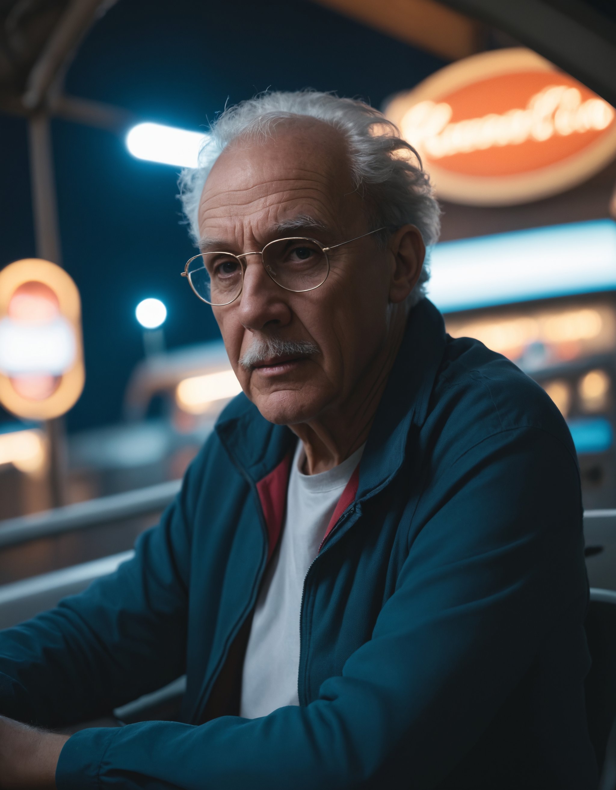 macro portrait shot of an old man sitting in a rollercoaster at night, zavy-dtchngl, atmospheric haze, dynamic lighting, cinematic still, movie screencap, portrait, dynamic pose, 100mm f/2.8 macro lens, close-up